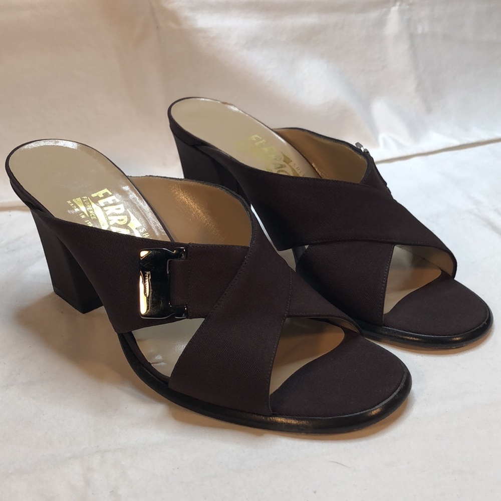 Salvatore Ferragamo “Break” Mustang/Brown Fabric Slides/Mules, 3” Heel; Sandal